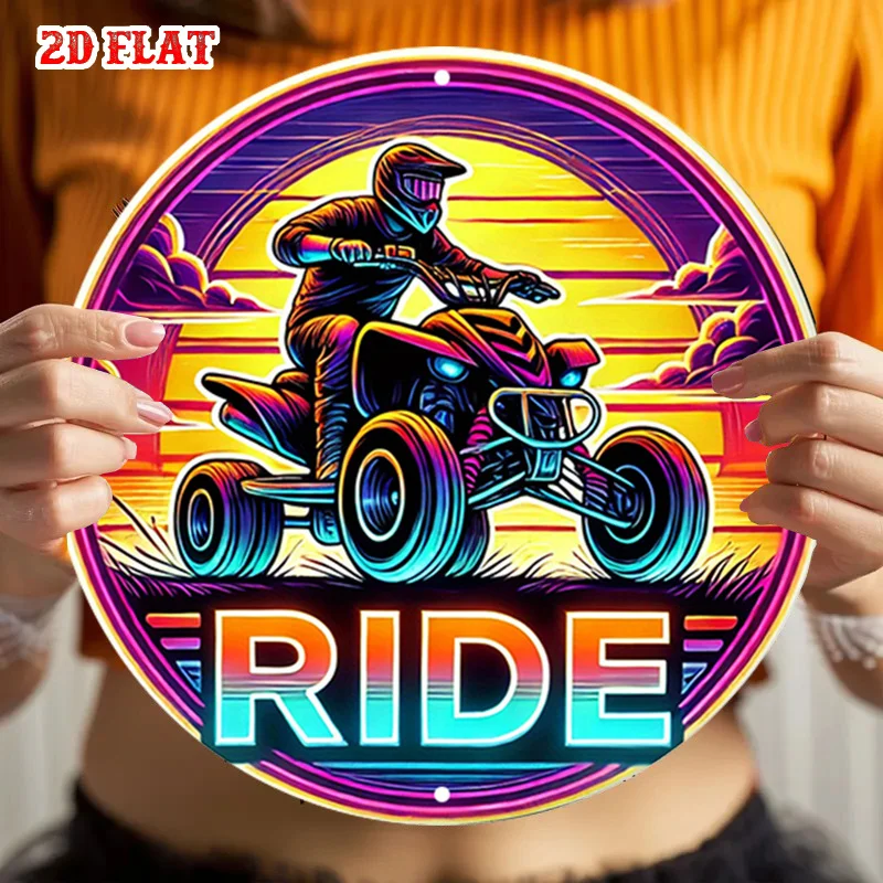 2D Flat, Off-Road Fun Metal, Sunset Ride Round,Adventure Spirit Quad Bike Rustic Metal Wall Art, Wall Decor Signs for Home