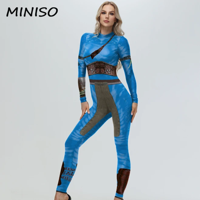 MINISO Women Cosplay Avatar Costume Dress Up Alien Printed Stretch Jumpsuit Halloween Festival Stage Show Zentai Bodysuits