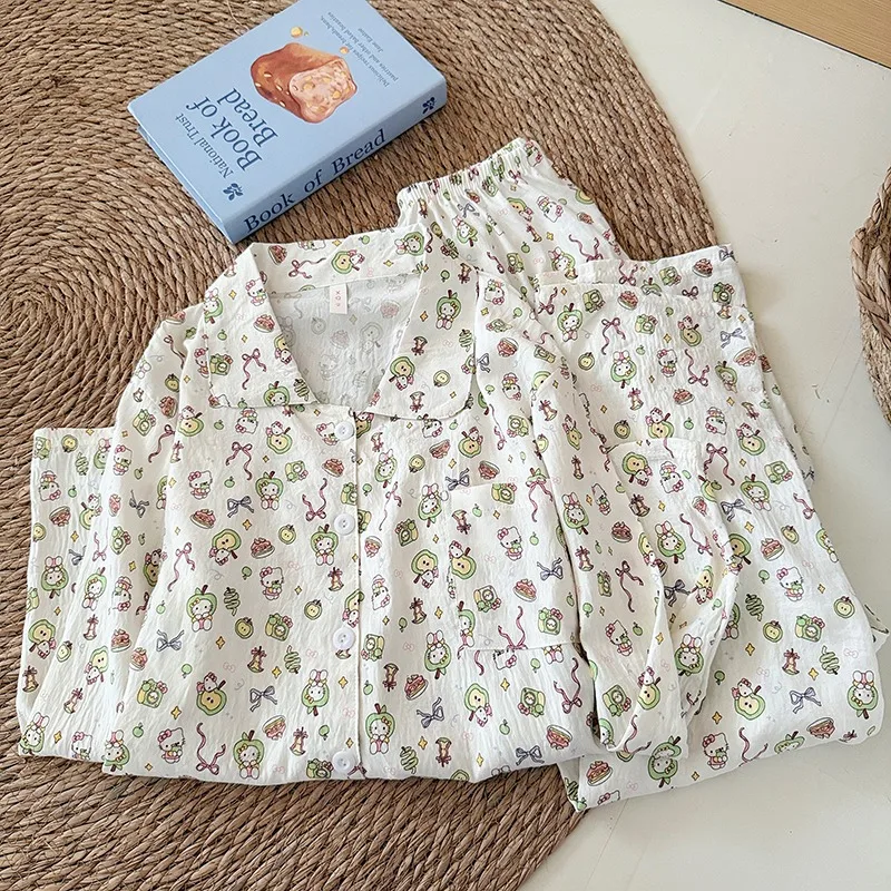 

Cartoon Apple HelloKitty Bow Print 2 PC Set Pajamas Harajuku Style Sweet Cute Nightwear Fashion Autumn Long Sleepwear Home Suit