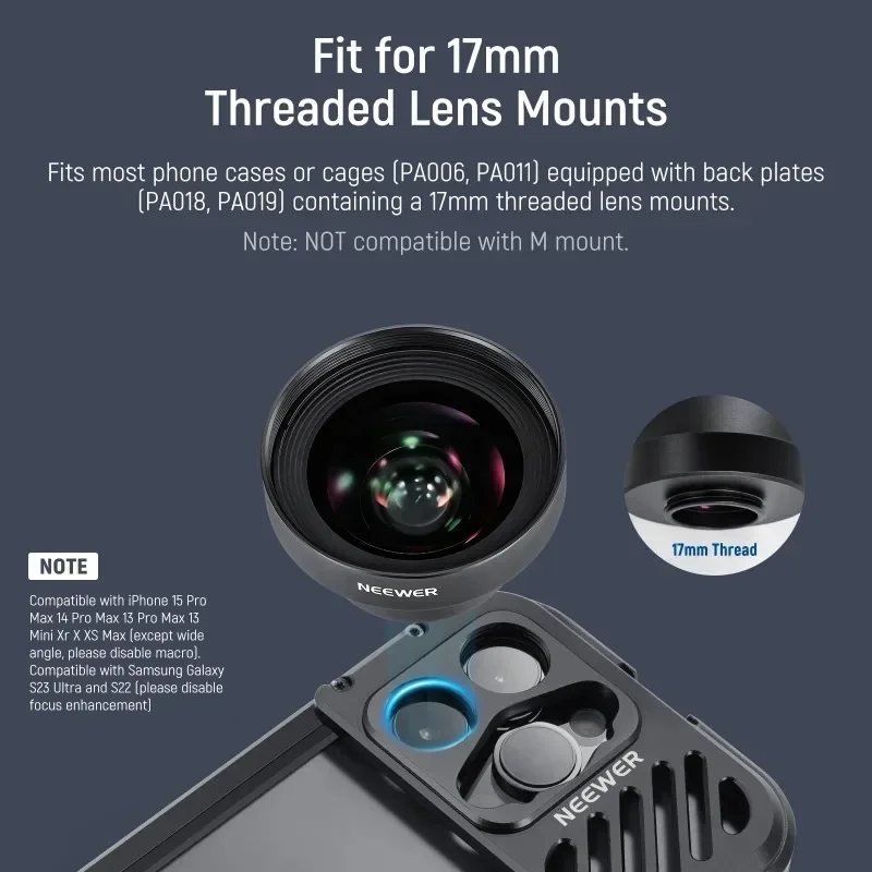 HD 18mm 100° Wide Angle Lens for Phone Cage Rig with 17mm Lens Adapter 0.5X Magnification