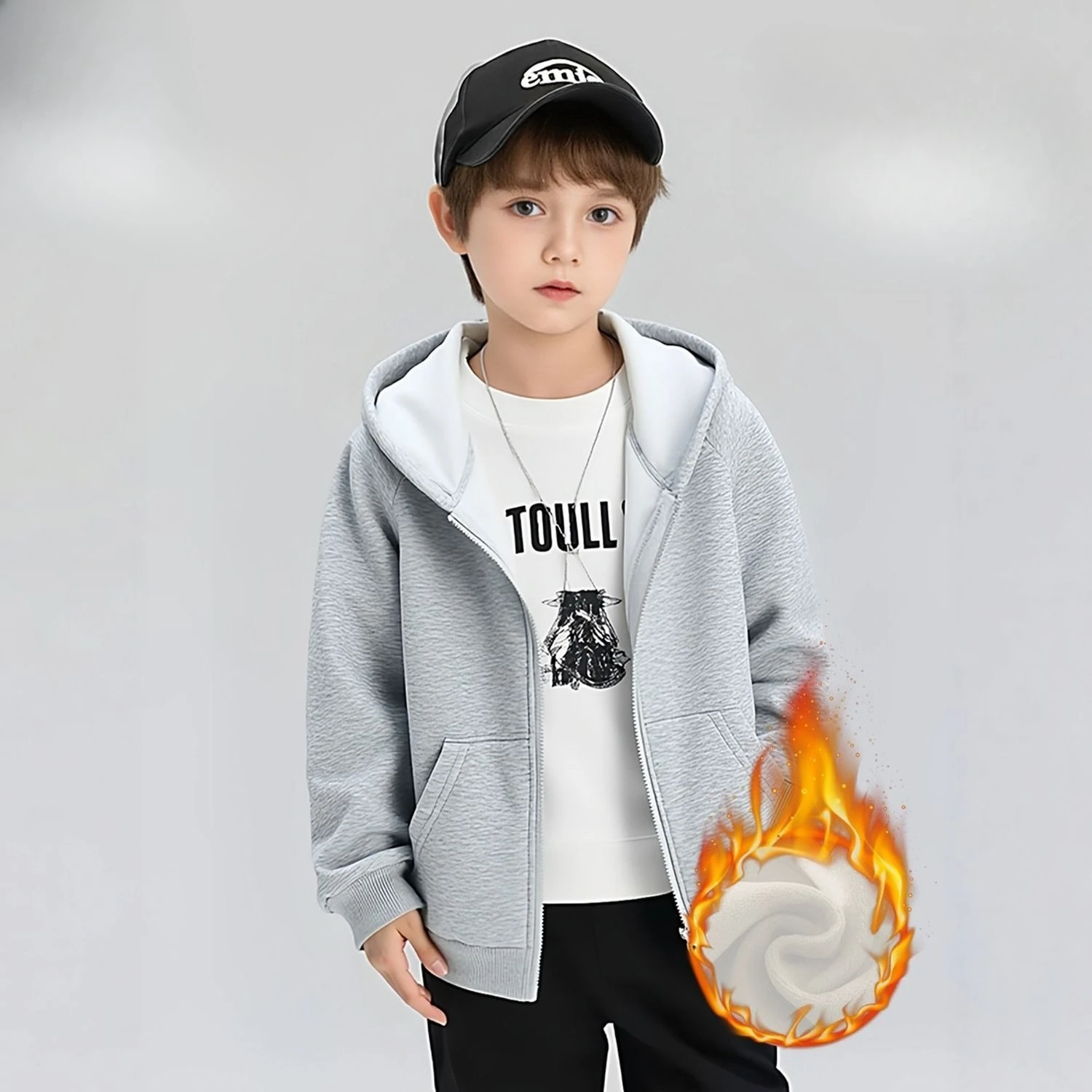 Kids Fleece Lined Zip Up Hooded Jacket Boys Girls Warm Coat Children Outerwear Autumn Winter