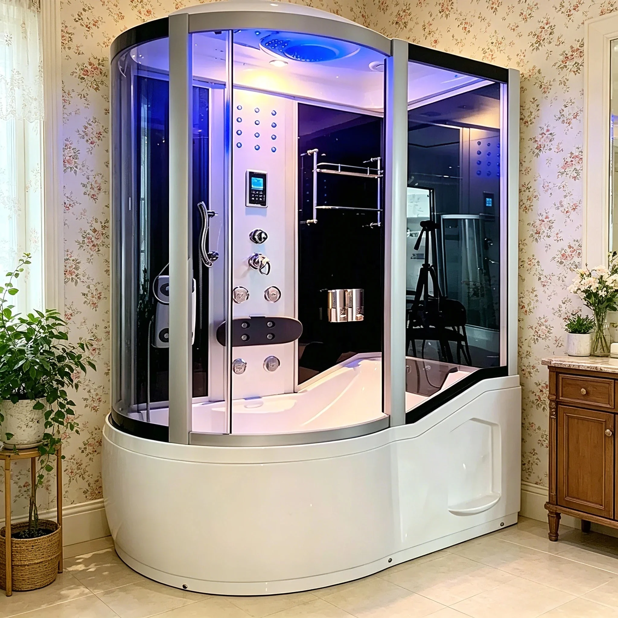 &c Luxury Straight Frameless Massage Tub Shower Steam Tempered Glass Whirlpool Hydro Shower Cabin with Steam Function Foot Mas