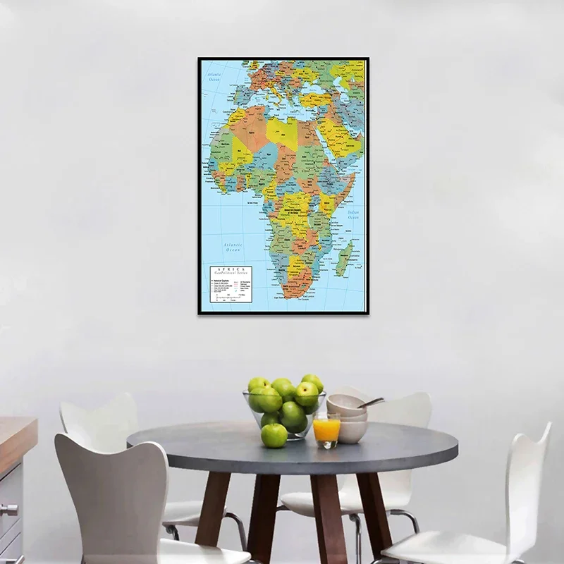 Mapa política de África, impresiones sin marco y póster, lienzo no tejido, pintura, decoración de la habitación del hogar, suministros escolares, 59x84cm