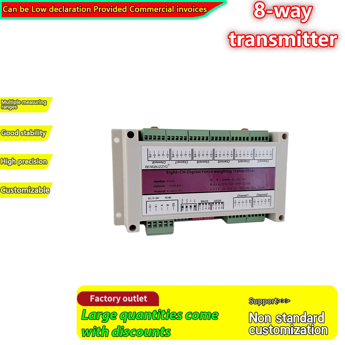 

8 Channel Digital Force Weighing Transmitter, Supports 6-8 Load Cell Channels, RS485 Modbus RTU, IP65, Panel / DIN Mount