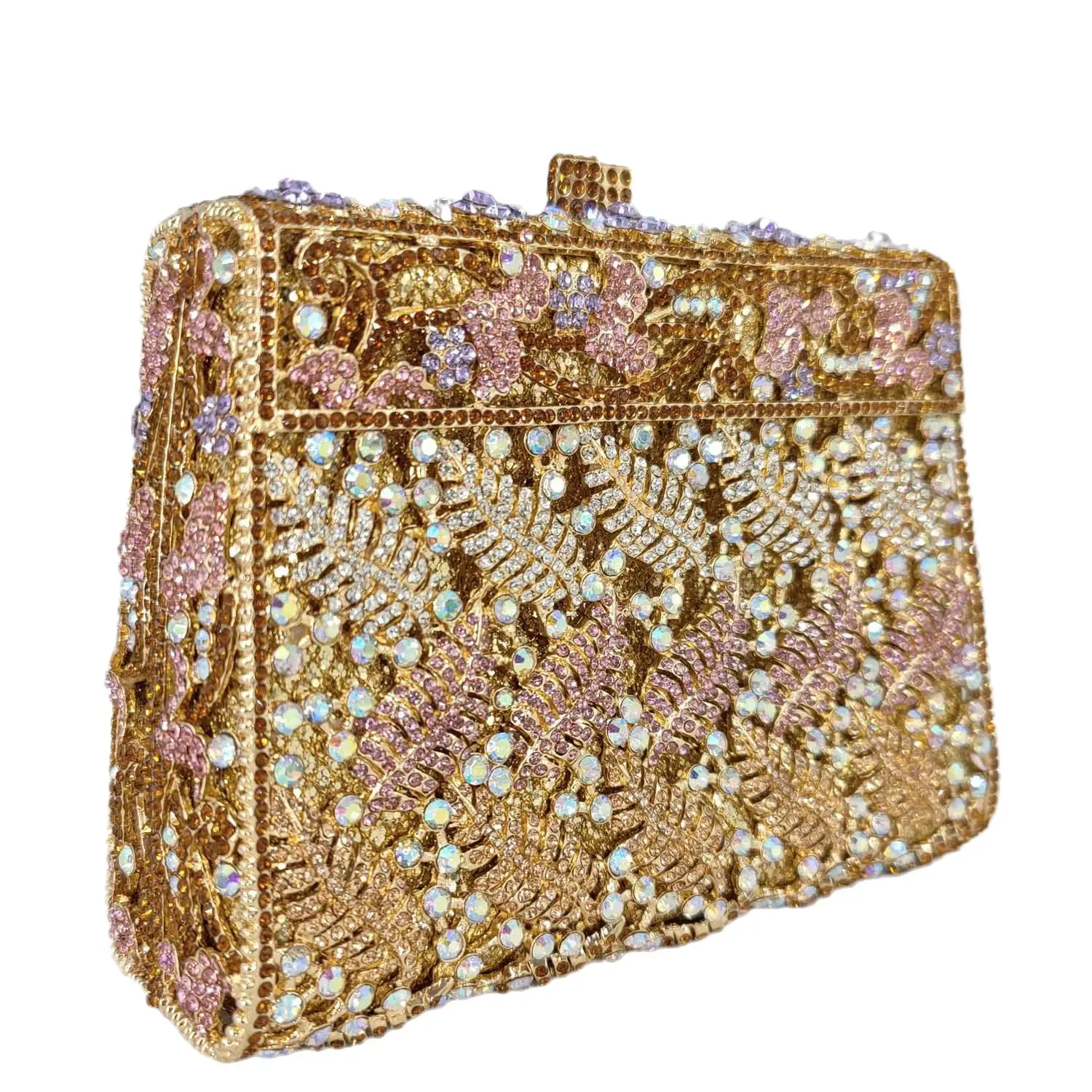 Boutique De FGG Multicolored Women Flower Clutch Crystal Evening Purses Metal Rhinestone Minaudiere Handbag Wedding Bridal Bags