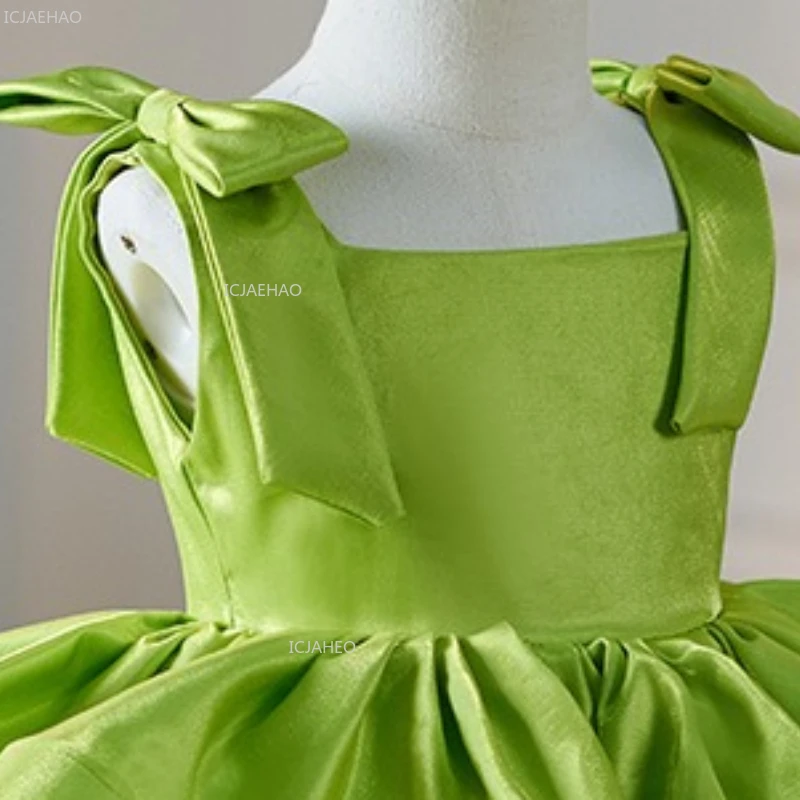 جديد فتاة خضراء الساتان بلا أكمام الأطفال عيد ميلاد الأول الأميرة الكرة ثوب منتفخ فستان حفلة الاحتفال الرسمي ثوب ازياء