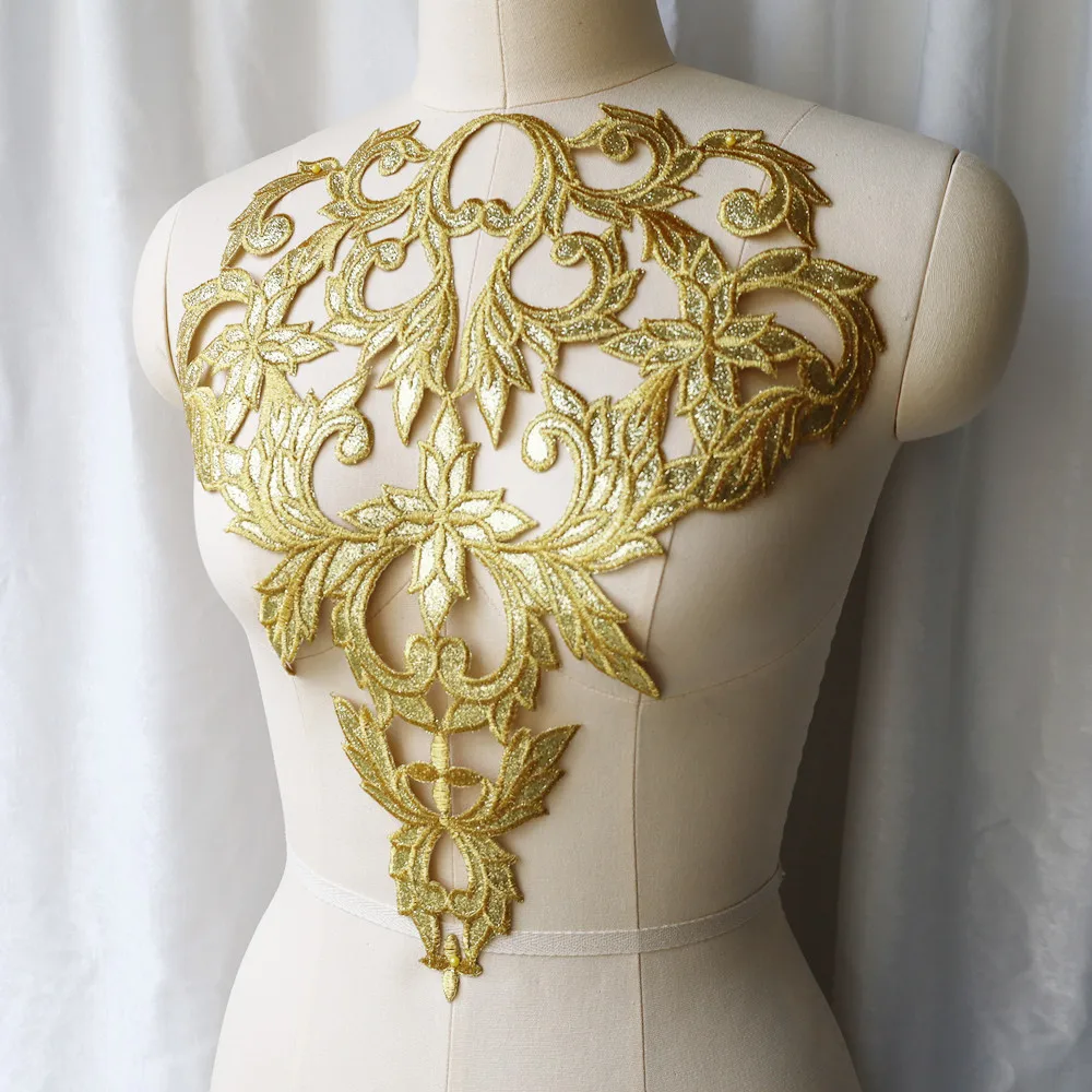 Gold Embroidery Sequin Shiny Flower Applique Collar Sew Iron Patch For Wedding Bridal Gown Party Dress DIY Clothes Decor Crafts