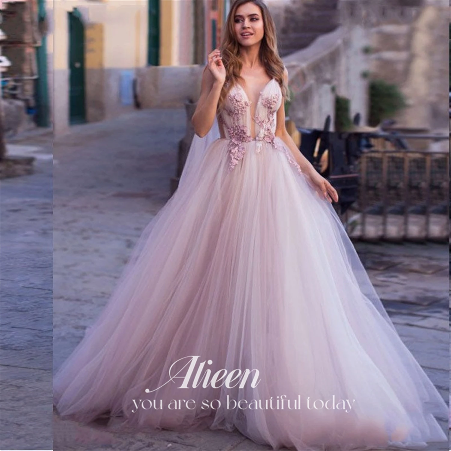 

Aileen Mesh Guest Wedding Party Dress Women Elegant Luxury Fairy Skirt Ball Gowns Evening Dresses Women V-ling Graduate Pink