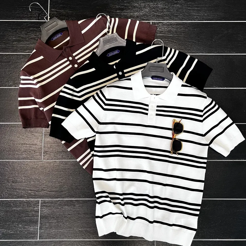

Light Luxury, Ice Silk, Striped Short Sleeve POLO Shirt Men's Gentleman Elegant T-Shirt
