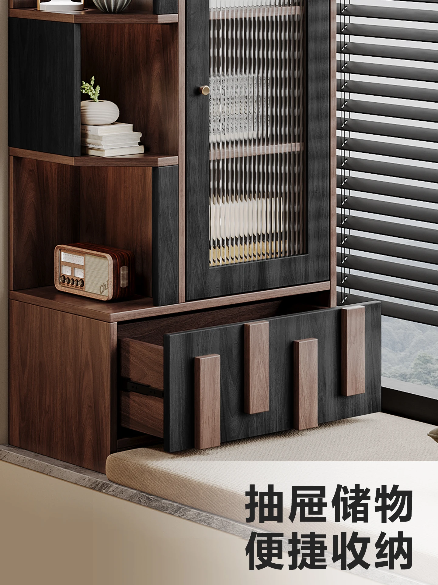 Medieval solid wood bay window cabinet, balcony against the wall integrated locker space utilization bedroom bedside cabinet