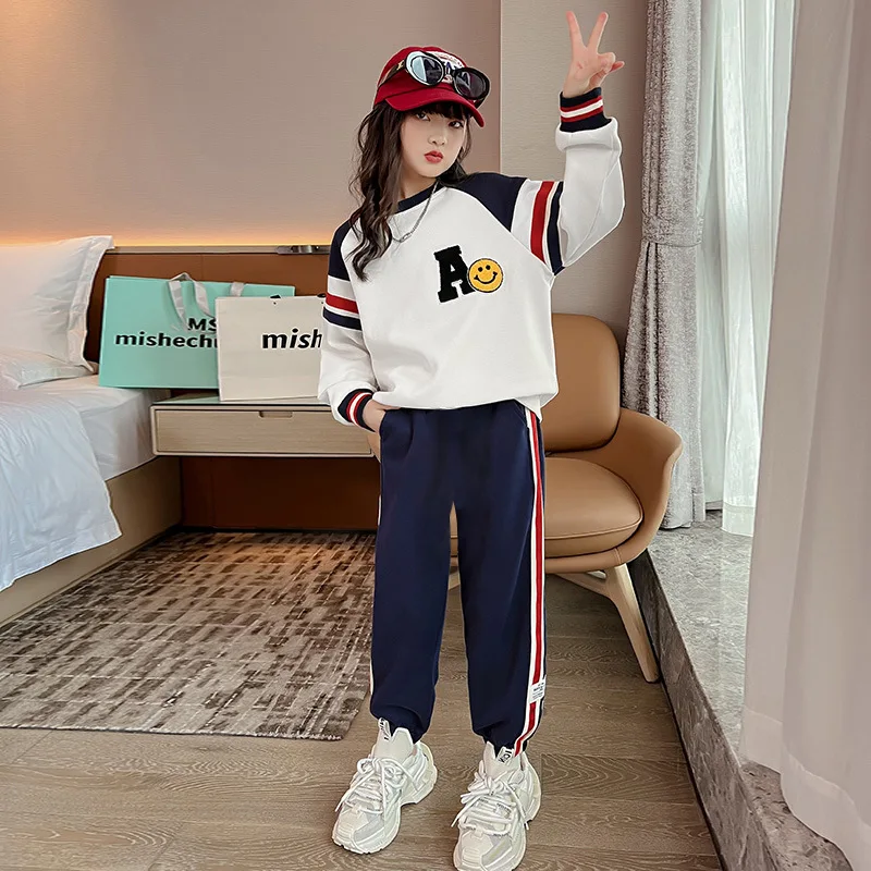 2023 NEW autumn winter Girls Clothes Teenager Tracksuit Long Sleeve sweatshirt t shirt + striped Ankle-tied pants Children set