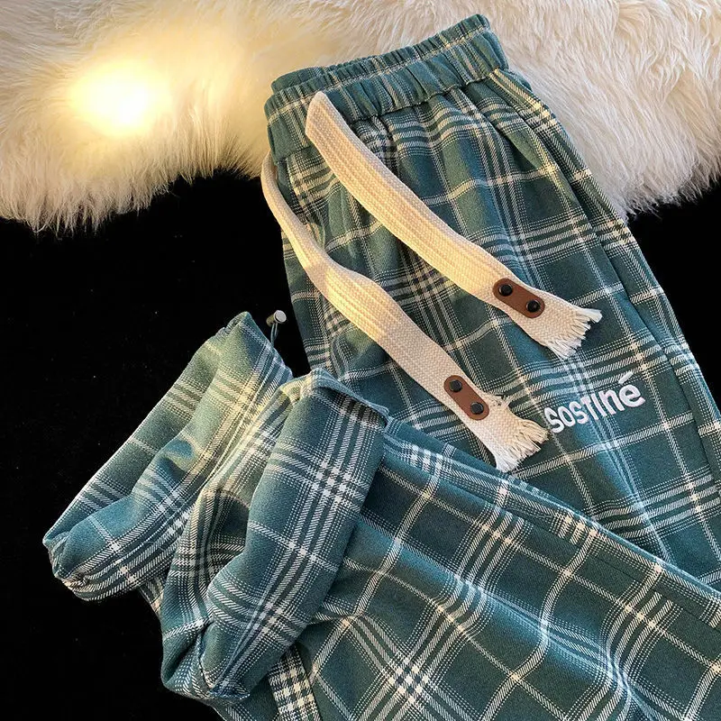 New Korean Version Fashionable Plaid Drawstring Pants With A High Waist And A Slim Fit Straight Leg Hip-Hop Girl Casual Pants