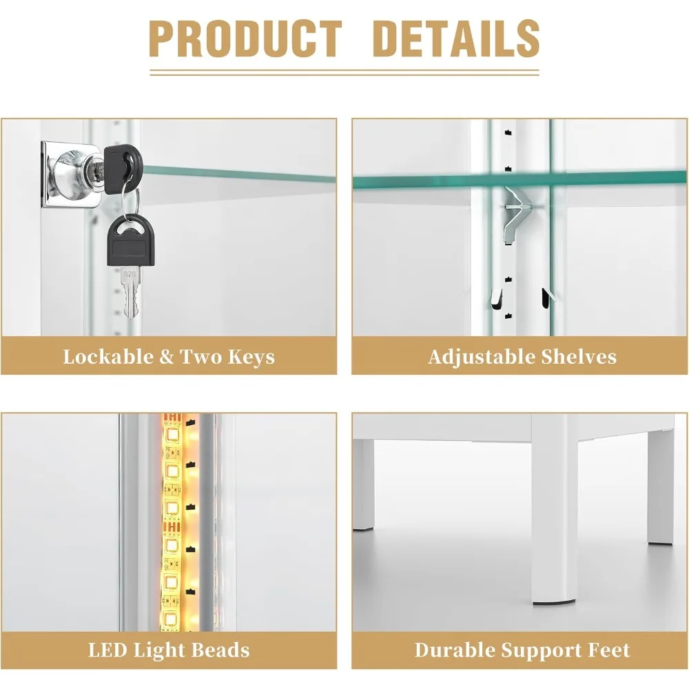 "Vitório de vidro de sessenta e três polegadas com prateleiras ajustáveis, iluminação LED colorida e trava"