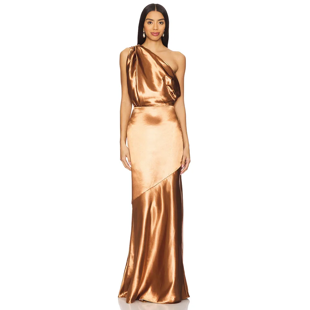 

Elegant Brown Satin Evening Gown One Shoulder Mermaid Prom Dress Sleeveless Formal Party Dress Floor Length Long Saudi Dress