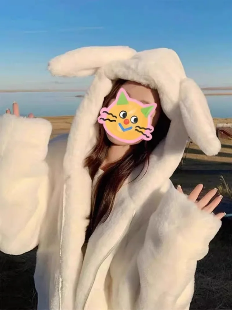 Kurtka damska zimowa 2025 z grubego polaru wełnianego z uszami królika \"Milk Rabbit\", nowa, miękka, bawełniana odzież, pluszowy płaszcz, odzież wierzchnia W350