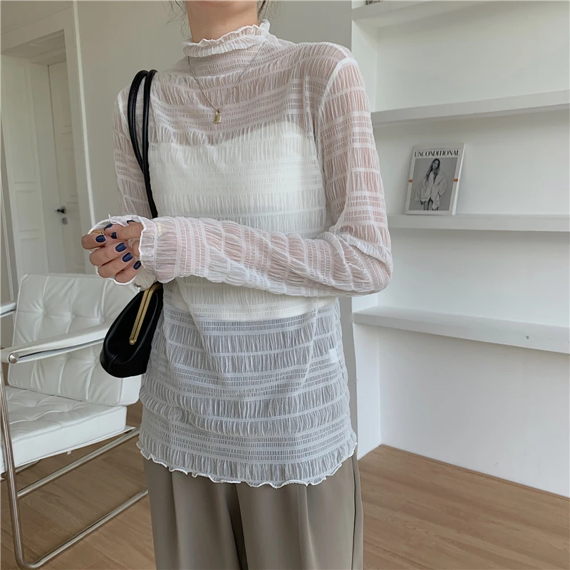 2025 New Summer Lace Mesh Women's T-shirts Hollow Out High Waist Stand Collar Bottom Solid Casual Loose Shirts Tops For Women