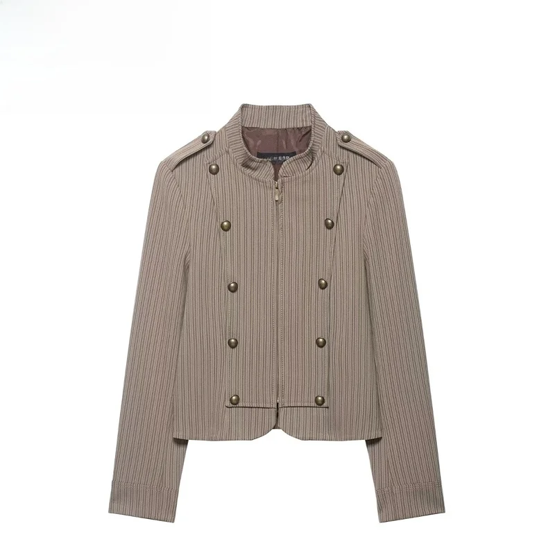 

Faionable Slim Fit Striped Suit Jaet Women's Casual Sle Metal Button Polyester Fabric Long Sve round Ne Zipper Clo...