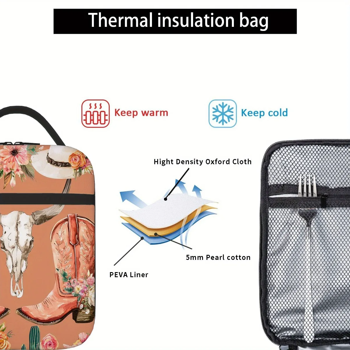 Western-Themed Insulated Tote Bag with Cowboy Boots, Skulls, Cacti & Flowers for Home, Office, or Restaurant Use Lunch Bag