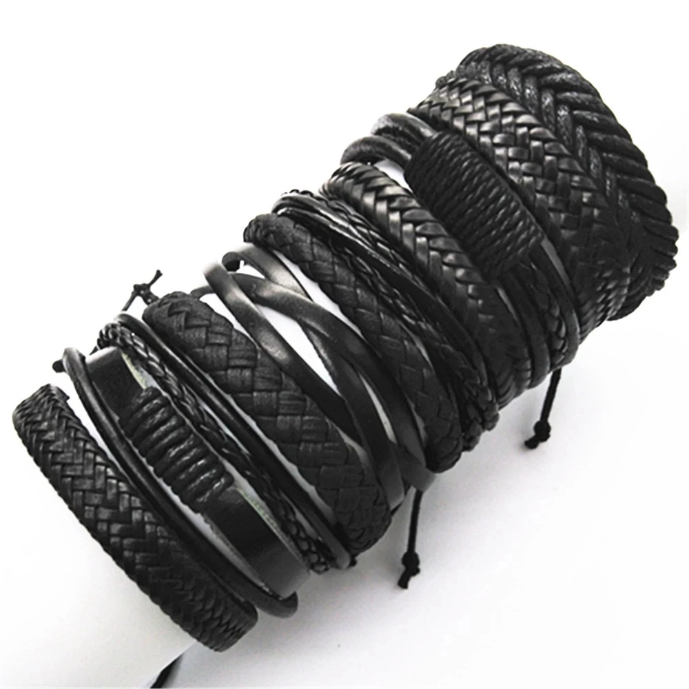 10 Pcs/set Brown Wrap Woven Fashion Handmade Men Bracelets Male Women PU Leather Bracelets Men Bangle Wholesale Jewelry