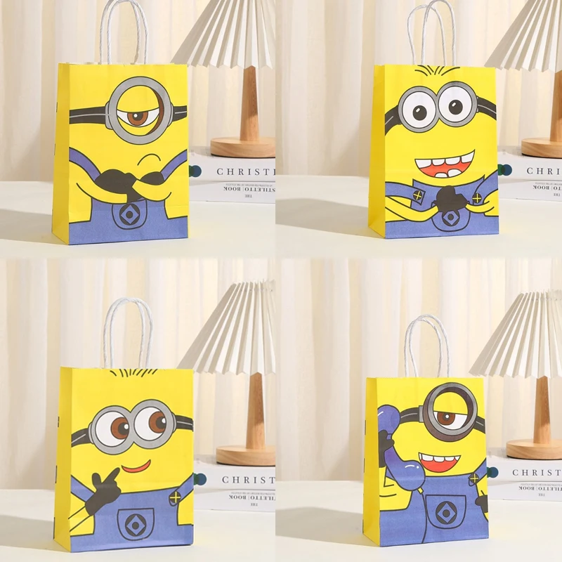 10pcs Minions Kraft Paper Gift Bags with Handles Printed Festival & Party Gift Packaging Bags Reusable Shopping Tote Bags