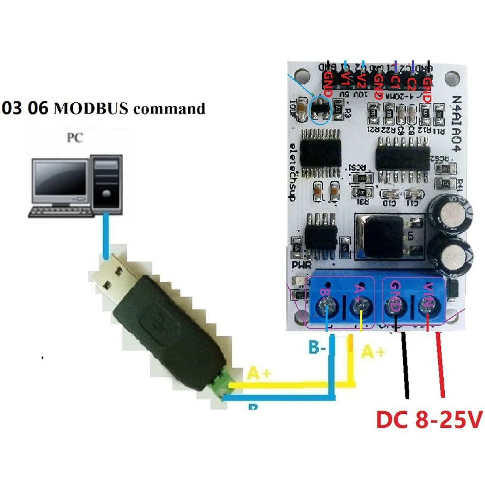 4CH DC 12V 4-20mA 0-5V 0-10V Voltage Signal Acquisition RS485 Modbus RTU Module for PLC Current Transmitter Measuring Instrument