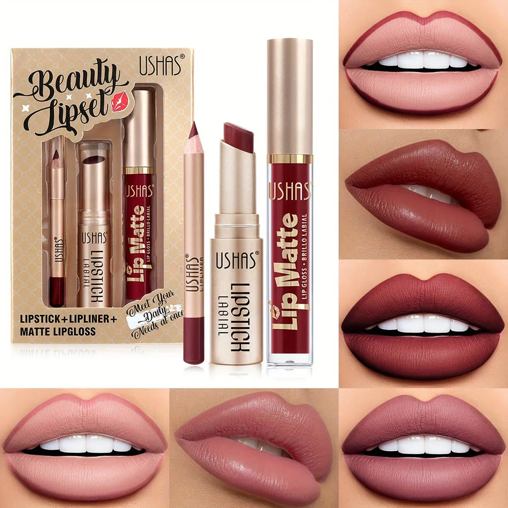 3 In 1 Fluwelen Matte Lippenstift & Lipliner & Lipgloss Set Hoog Gepigmenteerde Waterdichte Langdurige Lipstick Lippen Make-Up