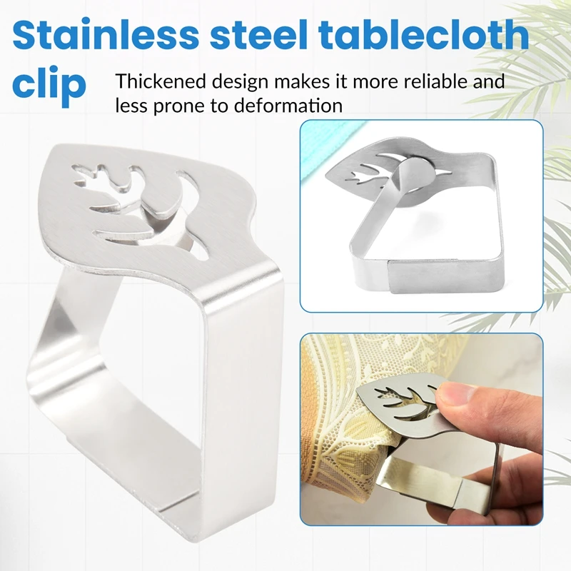 8 Pcs Silver Stainless Steel Tablecloth Clip Creative Leaf-Shaped Table Fixing Clip Thickened Non-Slip Tablecloth Rack-ABEO
