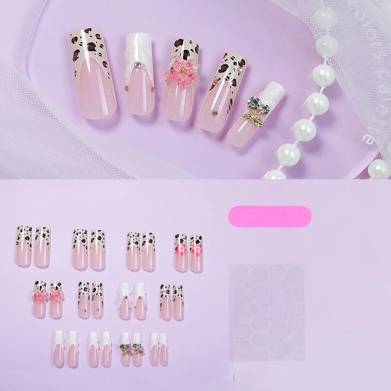 Uñas postizas rosas coreanas, 24 piezas, ataúd largo, estampado de leopardo, prensado en uñas, flores 3D, ondulación de agua, Desogns