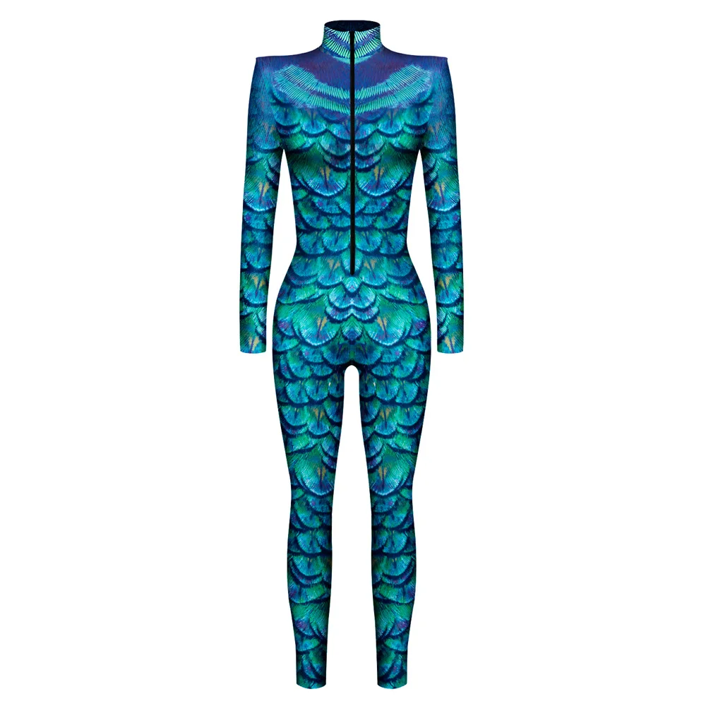 FCCEXIO Peacock Feather Pattern 3D Printed Cosplay Costume Sexy Jumpsuit Bodysuit Adult Carnival Party Clothing S-XL monos mujer