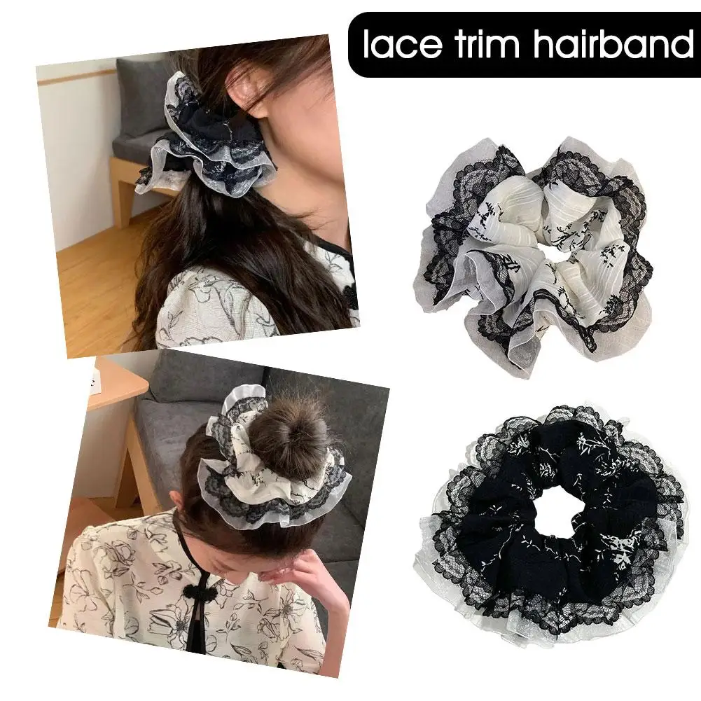 Sweet Girls Lace Trim Jacquard Fabric Scrunchies Ponytail Holder Hair Ties Elastic Hair Rope For Women Girls Hair Accessori M9O1