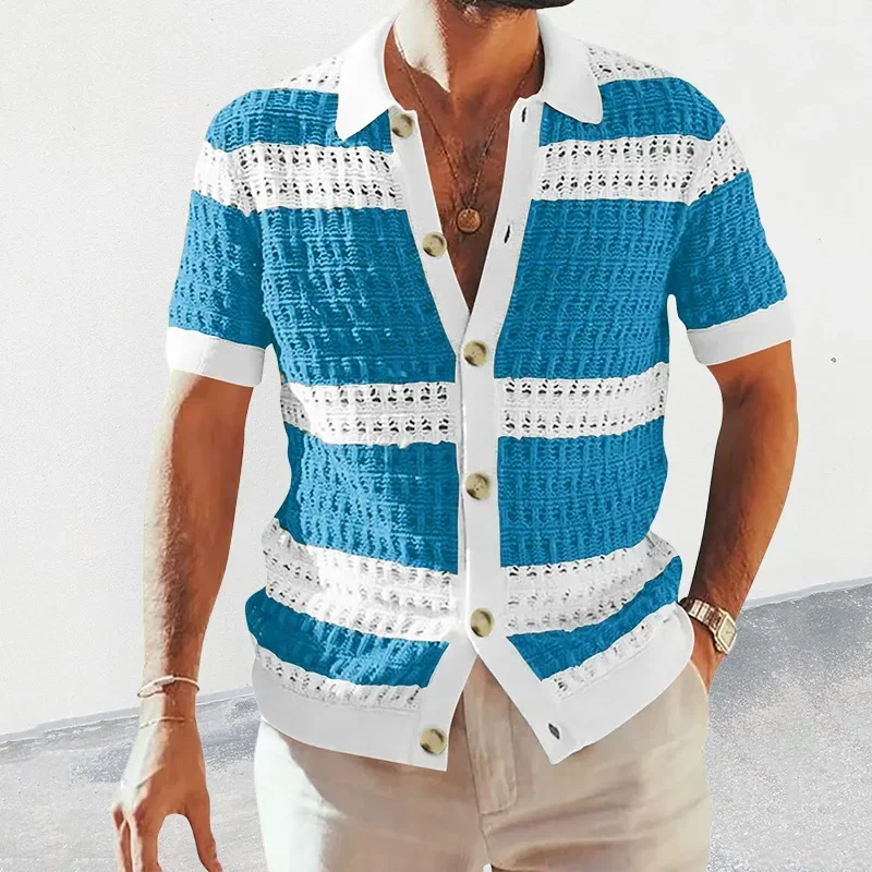 Casual Herren Gestrickte Shirts 2023 Frühling Sommer Lose Kurzarm Zugeknöpft Revers Stricken Strickjacken Männer Kleidung Vintage Gestreiften Hemd