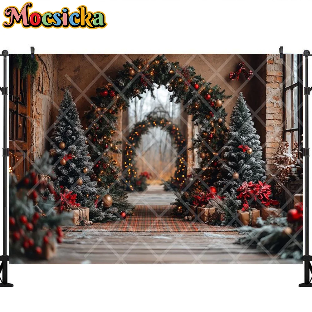Mocsicka fotografia pano de fundo árvore de natal grinalda presente decoração do quarto família natal feriado retrato fundo para fotografia