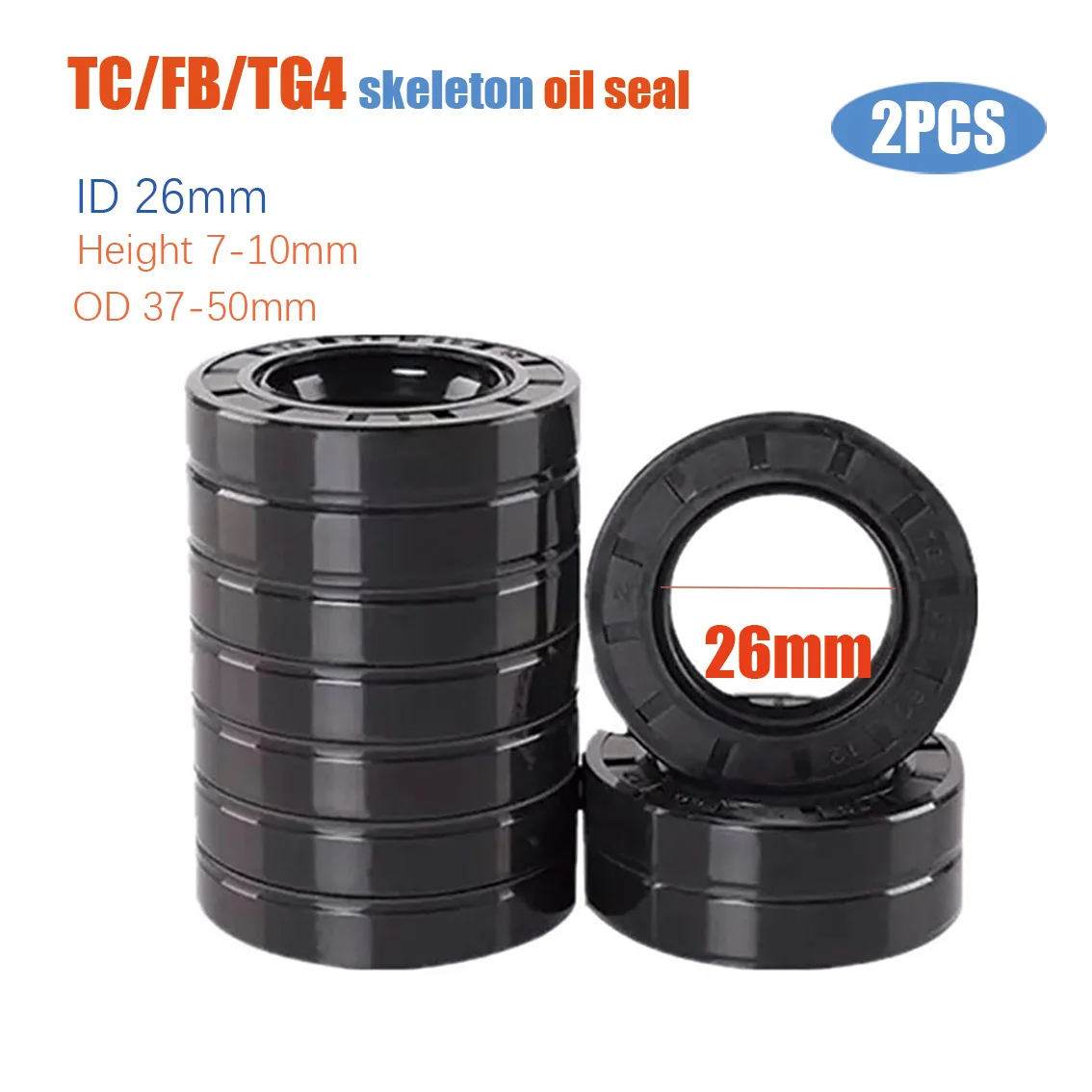 ID 26mm NBR Oil Seal TC-26*37/40/42/45/47/50*7/10mm TC/FB/TG4 Framework Black Nitrile Rubber Shaft Double Lip Seals Gasket 2Pcs