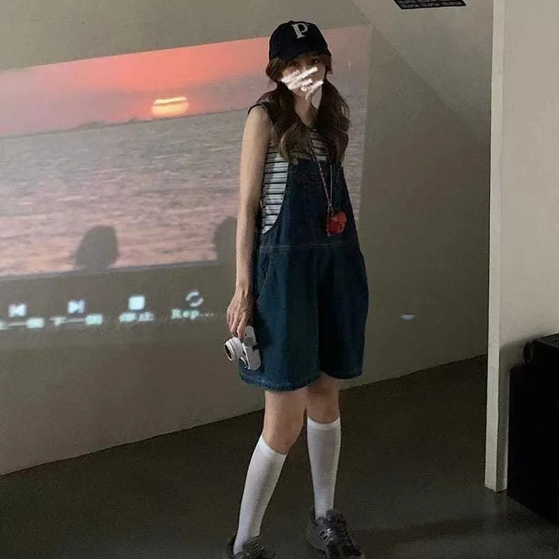 롬퍼 플레이수트 여성 빈티지 데님 여름 루즈 와이드 레그 하이 웨이스트 솔리드 심플 포켓 캐주얼 올매치 한국 스타일 Y2K