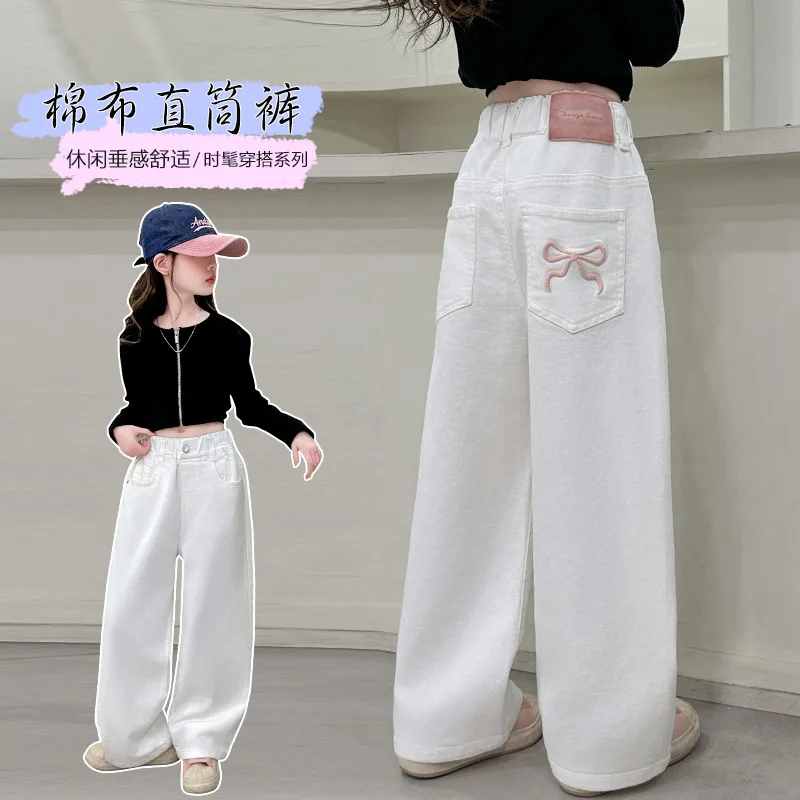 Children Vintage White Straight Jeans with Bows For Girls New Spring Slim Loose Denim Pants Kids Teenager Casual Jeans Trousers