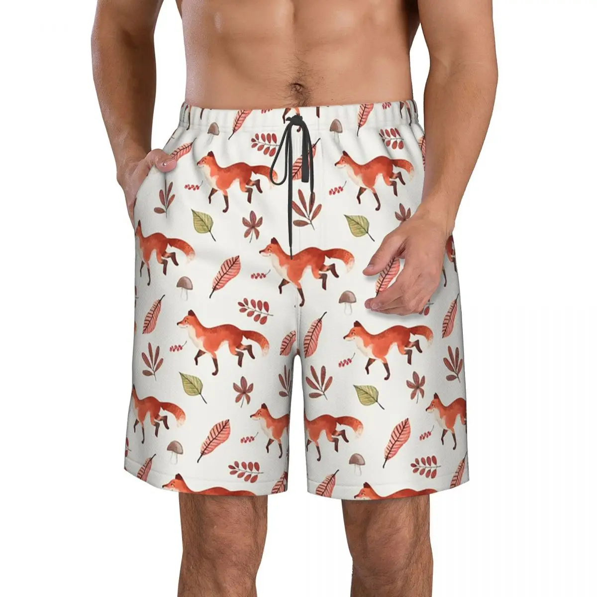 Fall Fox Watercolor Pattern Trunks Beach Board Shorts Casual Quick Dry Swim Summer Men Pants