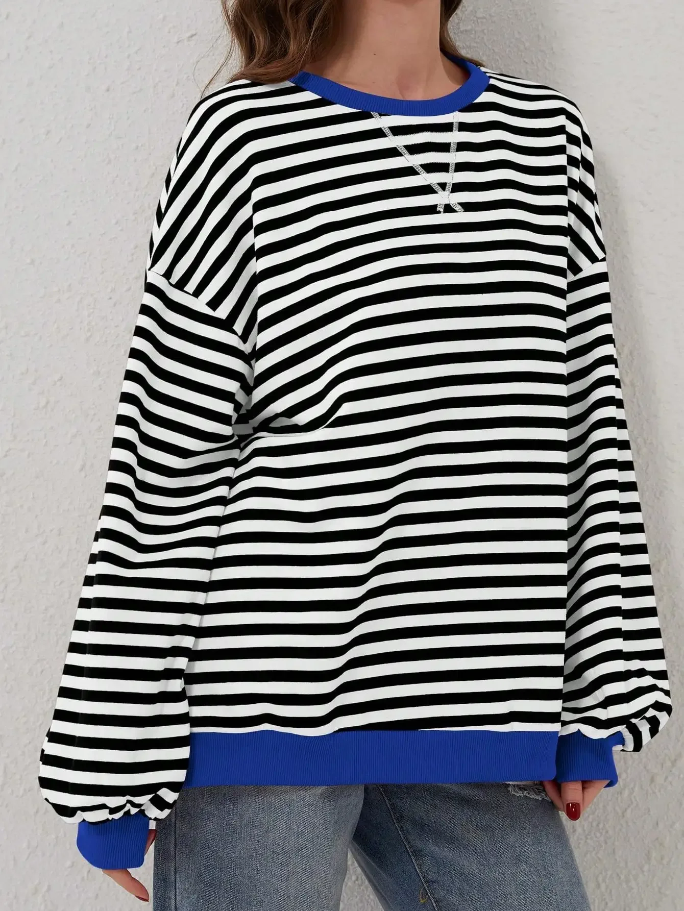 Plus Size 1XL-5XL Women Casual Casual Striped Drop Shoulder Long Sleeve Sweatshirt Women's Round Neck Loose Sweatshirt 6