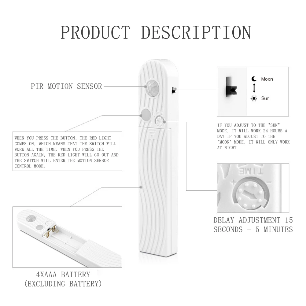 DC5V LED Strip PIR Motion Sensor Induction LED Night Light Dimmable Battery Kitchen Cabinet Under Bed Lamp Tape For Room