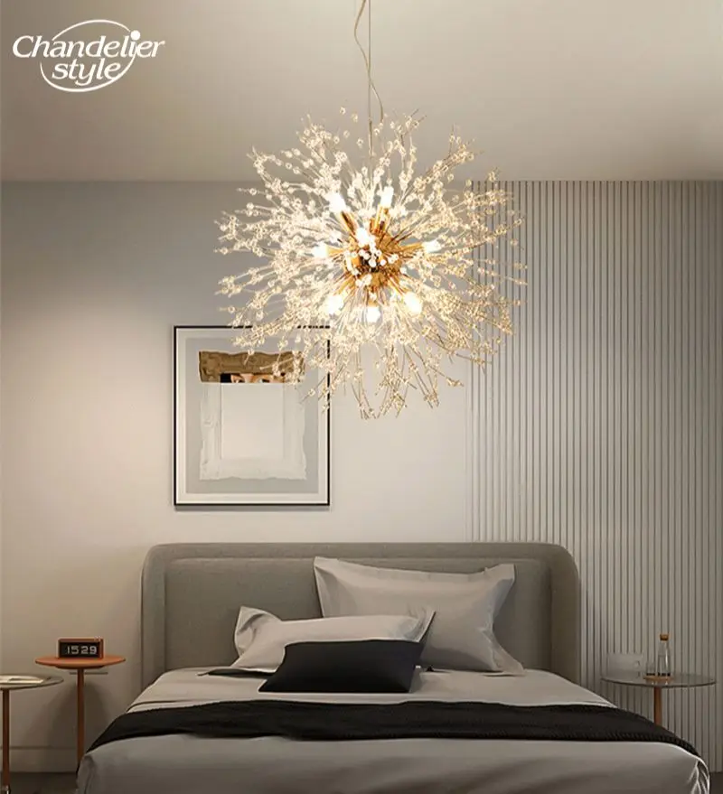 Imagem -03 - Nordic Sputnik Lustres Moderno Led Chrome Ouro Dandelion Firework Cristal Frisado Pingente Luzes Sala de Estar Quarto Lâmpadas