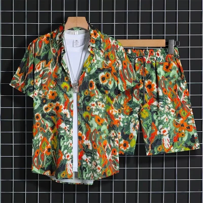 

Trendy 2-Piece Hong Kong Style Printed Short-Sleeved Shirt Set with Wrinkle-Free Beach Pants - Fashionable Summertime Outfit