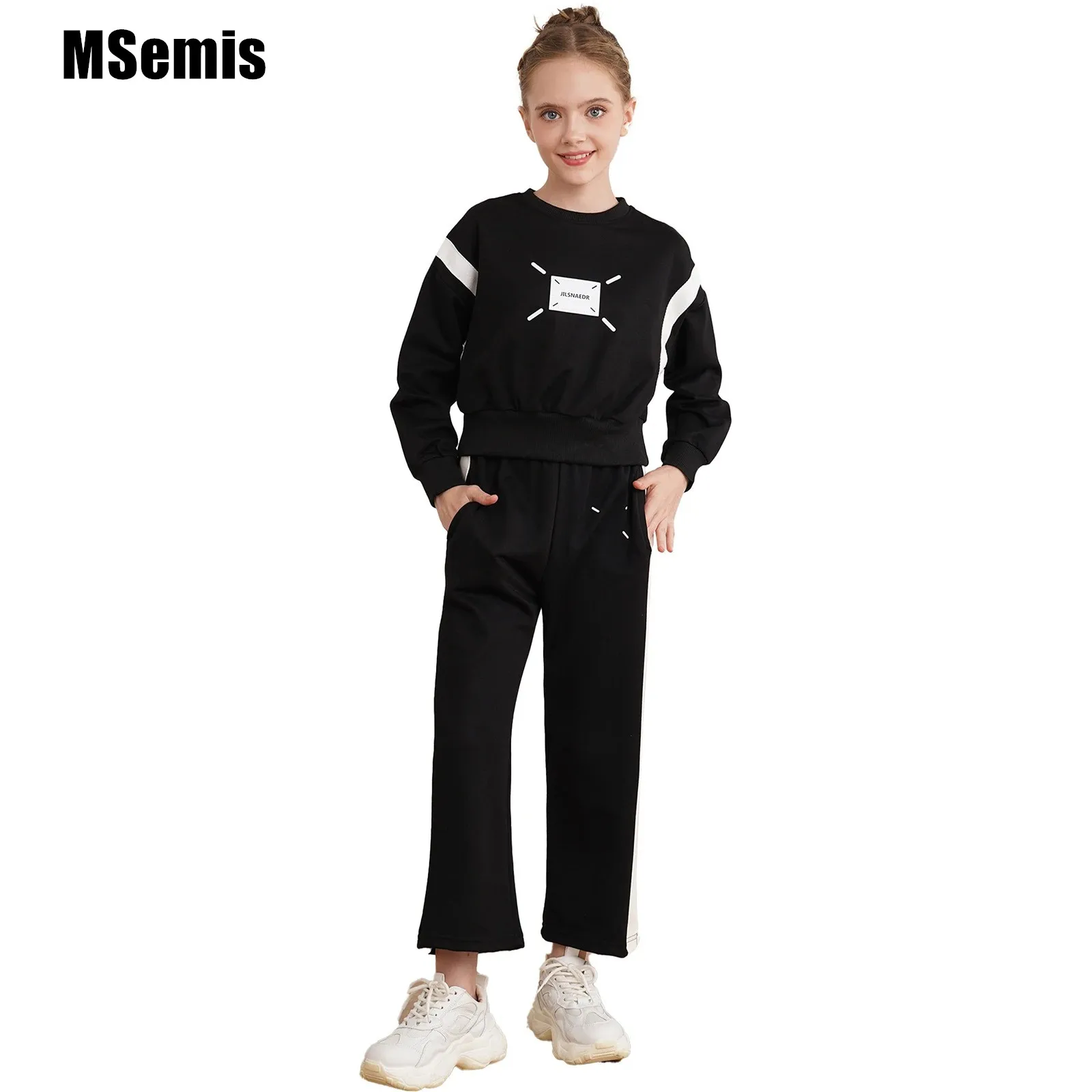 

Kids Girls Sport Outfit Two-Piece Fashion Tracksuit Color Block Long Sleeve Pullover Sweatshirt with Loose Wide-Leg Pants