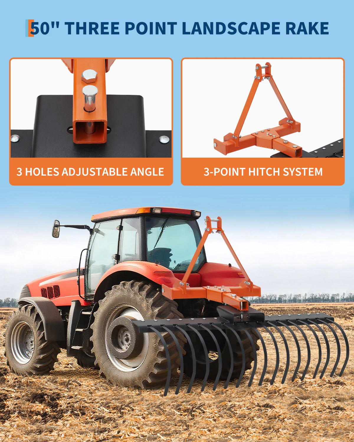 50in 3-Point Landscape Rake for Category 0 & 1 Tractors – 360° Rotating Spring Steel Tines, Quick Mount, Ideal for Soil Preparation, Brush Clearing & Arena Maintenance