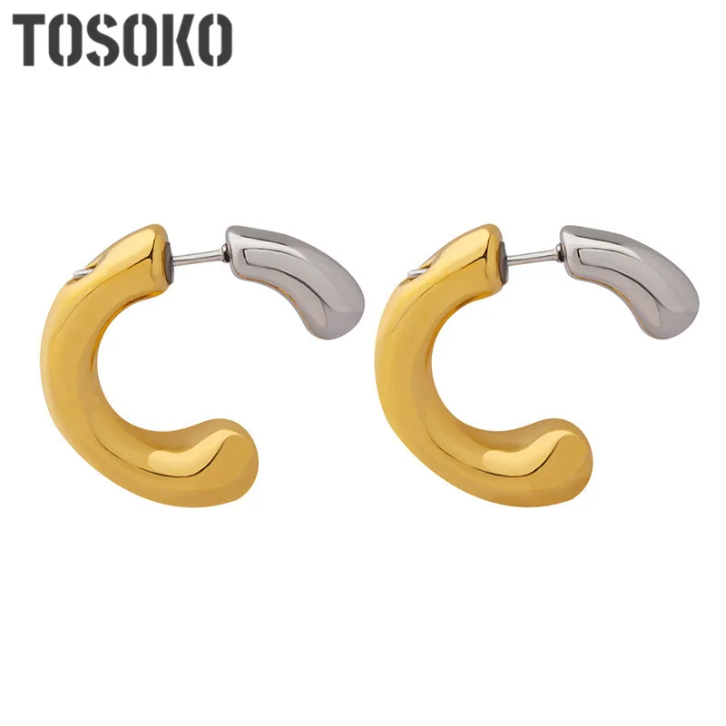 TOSOKO Stainless Steel Jewelry Two Color Splicing C-Shaped Earrings Women's Fashion Earrings BSF126