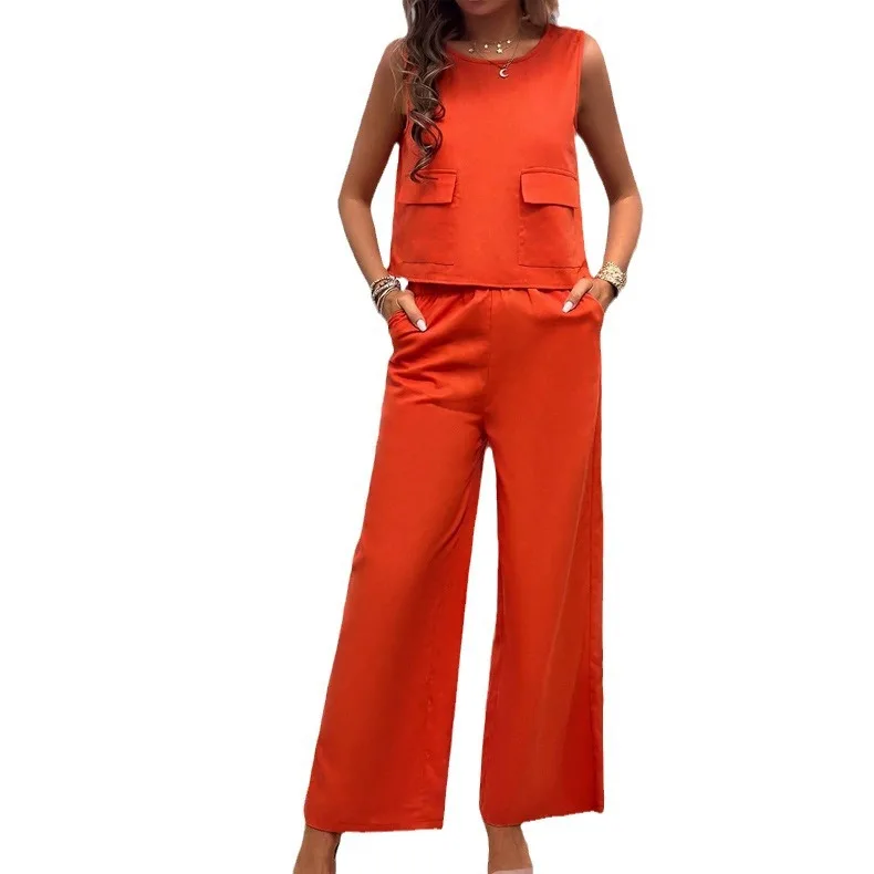 Womens Sleeveless Summer 2025 Pants Suit Flash Sale Solid Color Elegant Two Piece Round Neck Suit