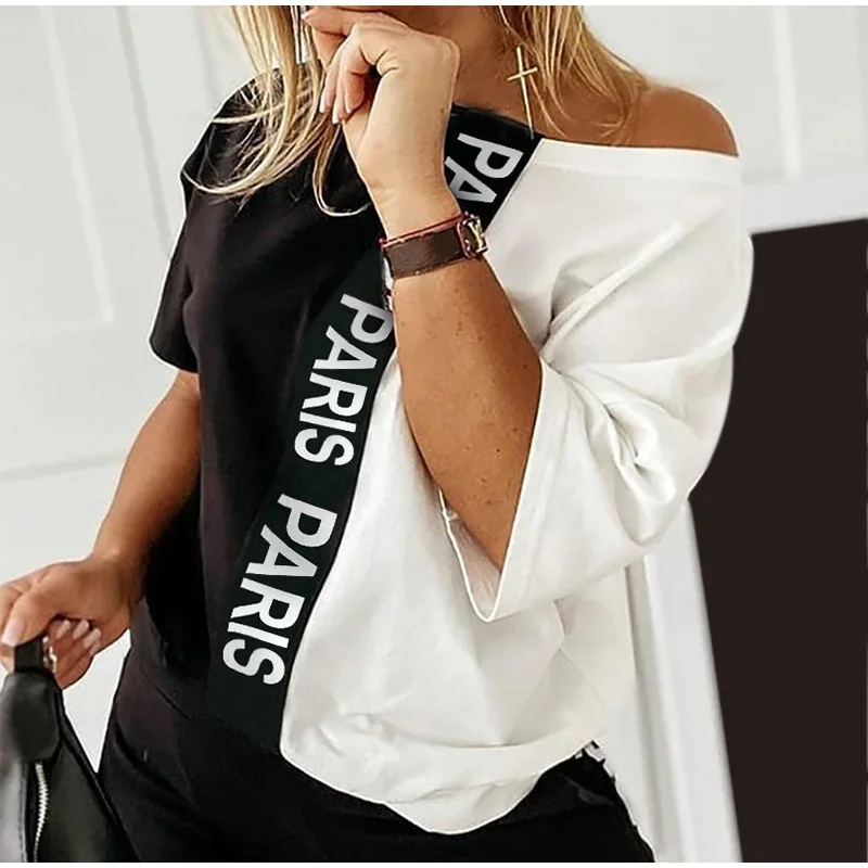 2 pieces women sets 2026 Black white letter contrasting color Print off-the-shoulder top+long pant suits women's clothing