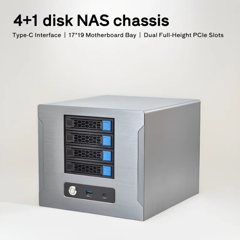 

Шасси NAS с приводом 4+1, интерфейс Type-C, отсек для материнской платы 17*19, два слота PCIe полной высоты, отсек для источника питания FLEX, корпус NAS.