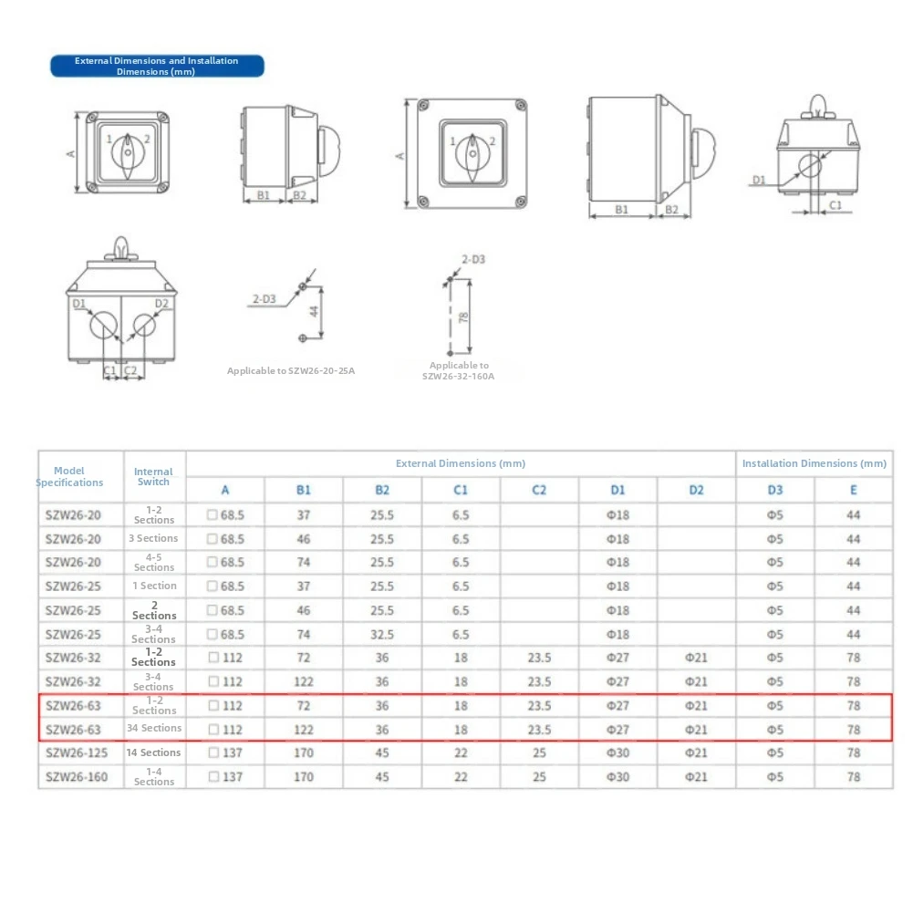 Rotary Type 3 Position ChangeOver Switch 63A Designed for High Temperature Environments Silver Alloy Conductive Contacts