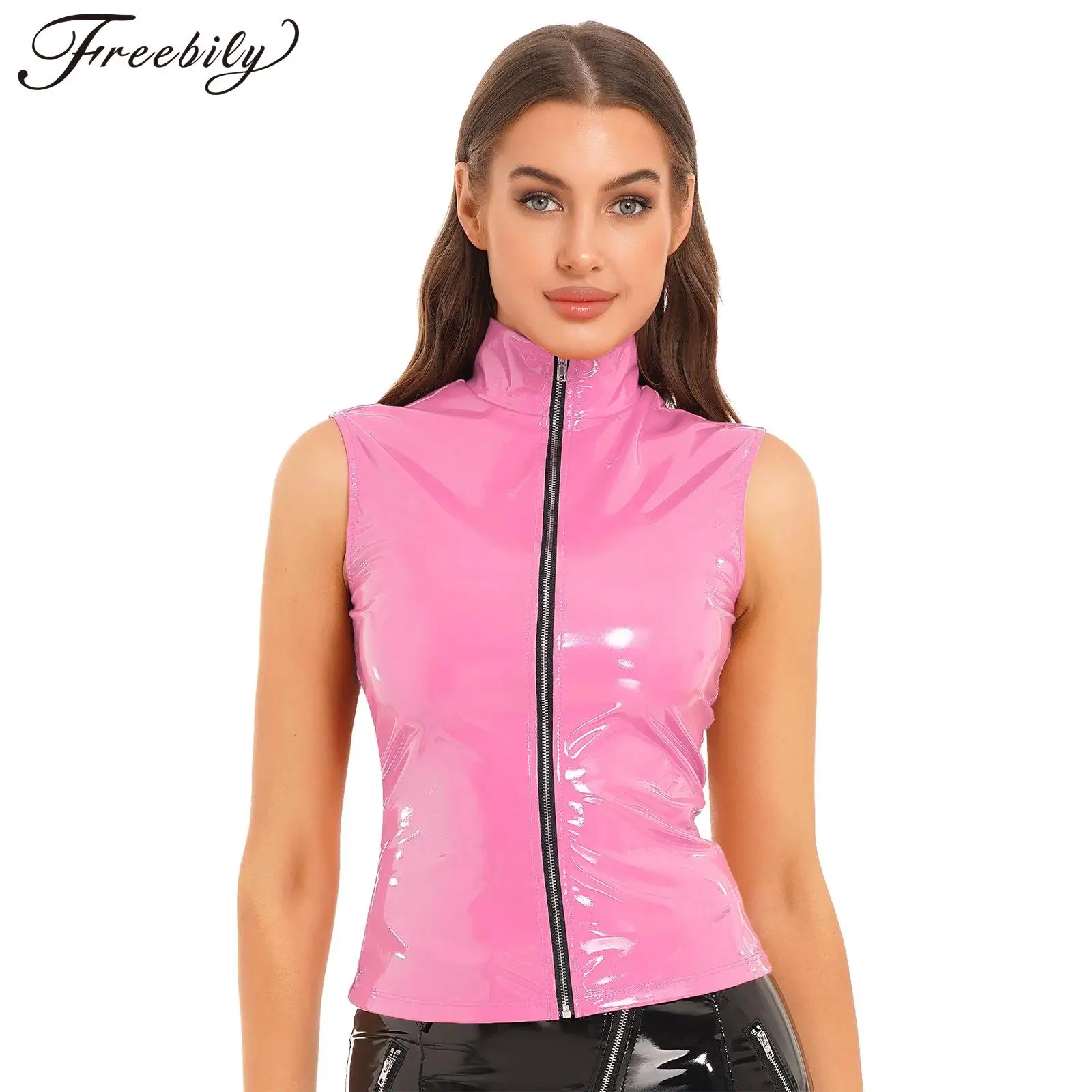 Womens Waistcoat Fashion Zipper Sleeveless Vests Wet Look Patent Leather Stand Collar Vest Tops Pole Dance Nightclub Clubwear