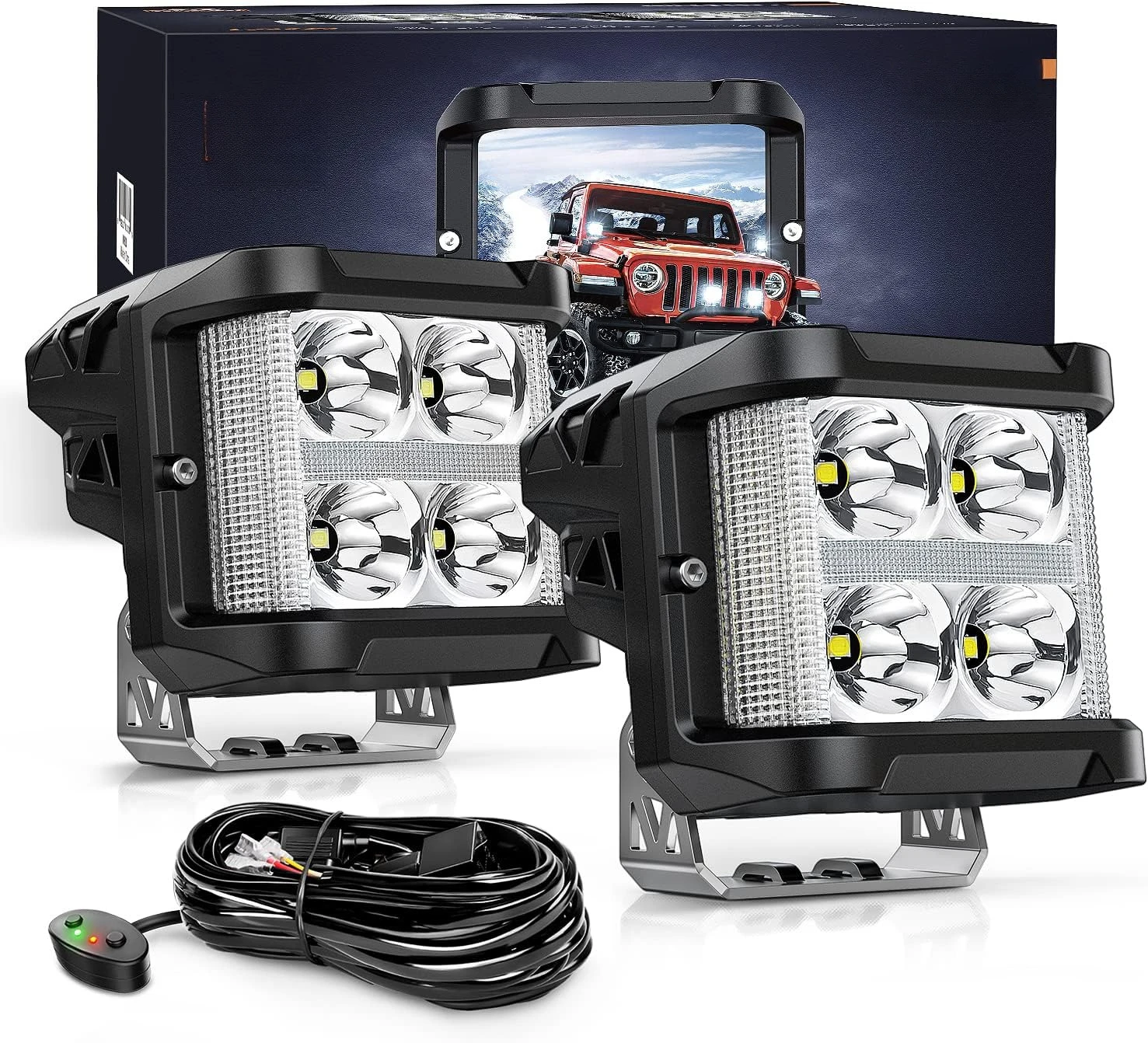 

Светодиодные фары Side Shooter с ДХО, 4-дюймовые 26-ваттные комбинированные светодиодные кубы-фары (точечный и рассеянный свет)