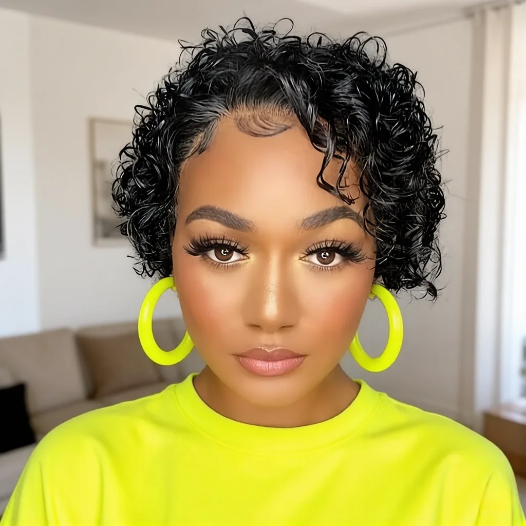 13x1 Lace Short Curly Human Hair Wig, Pixie Cut Pre-Plucked Natural Black Wig for African American Women